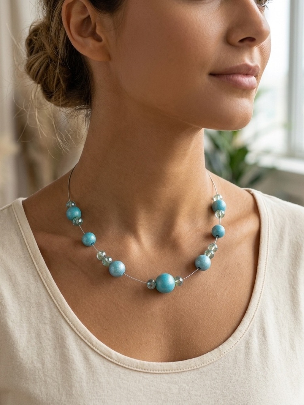 🌸Y2K Turquoise Blue Floating Bead Illusion Necklace Boho